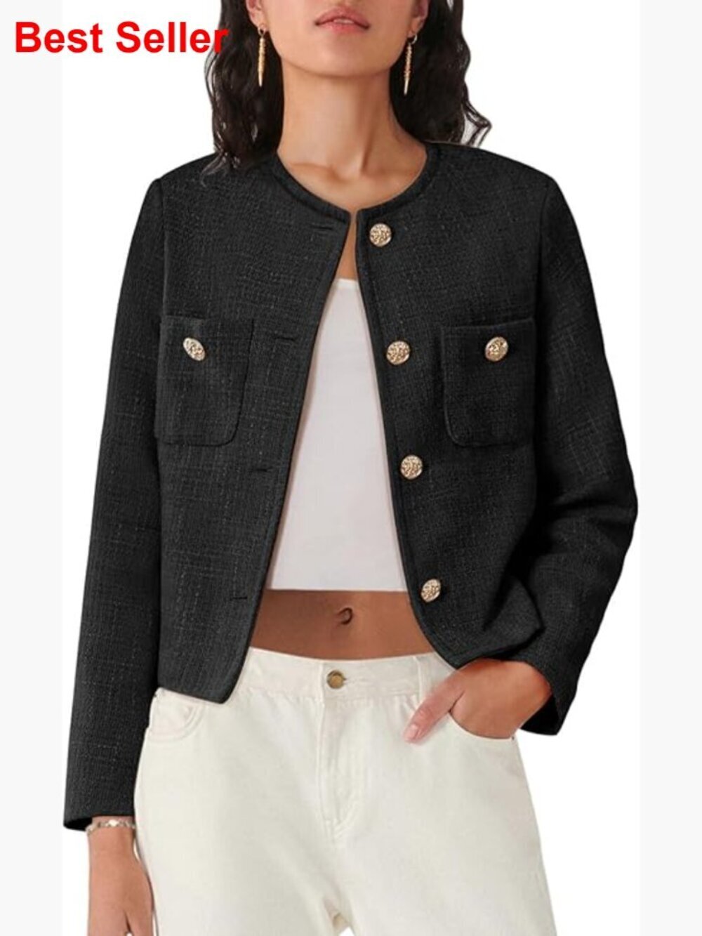 Tweed Blazer Long Sleeve Button Down Cropped Jacket with Pockets